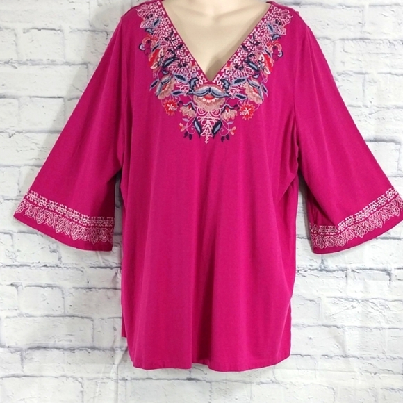 Roaman's Top Pink Floral Embroidered 3/4 Sleeves Sz 1X - Picture 1 of 5